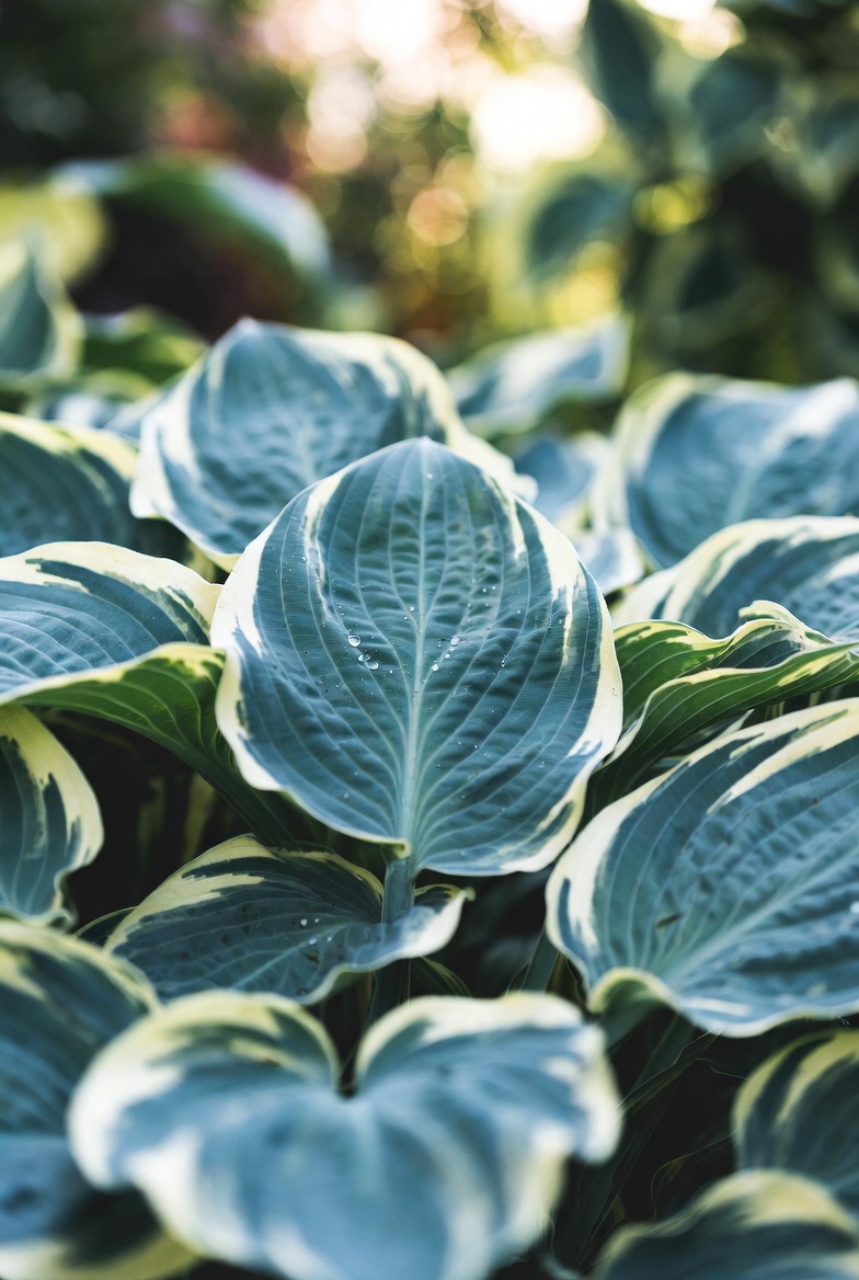 Хоста First Frost крупным планом — голубые листья с кремовой каймой