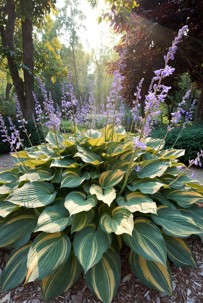 Хоста Striptease — вид в саду с цветоносами